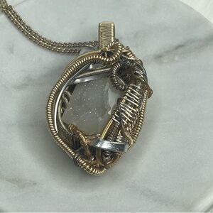 Gold and Silver Tone Wire-Wrapped  Druzy Quartz Pendant Necklace
